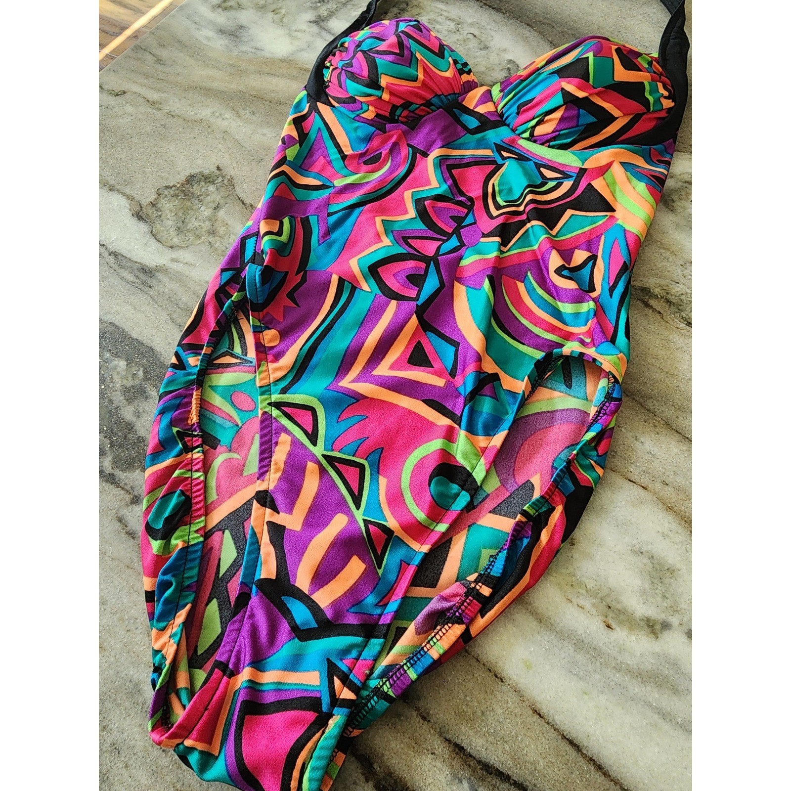 VTG 90s Coastal Zone Jantzen Neon Abstract Geometric One Piece Swimsuit Halter