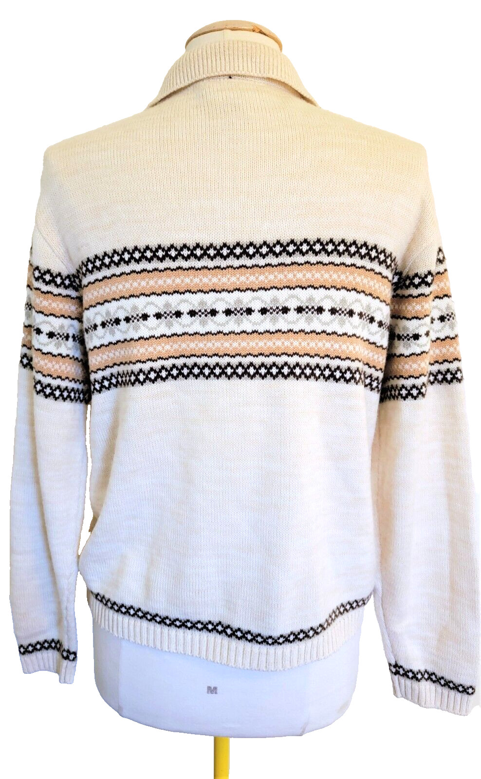Vintage Cardigan Zip Sweater Women’s M/L Ivory White Brown Fairisle Nordic 1970s