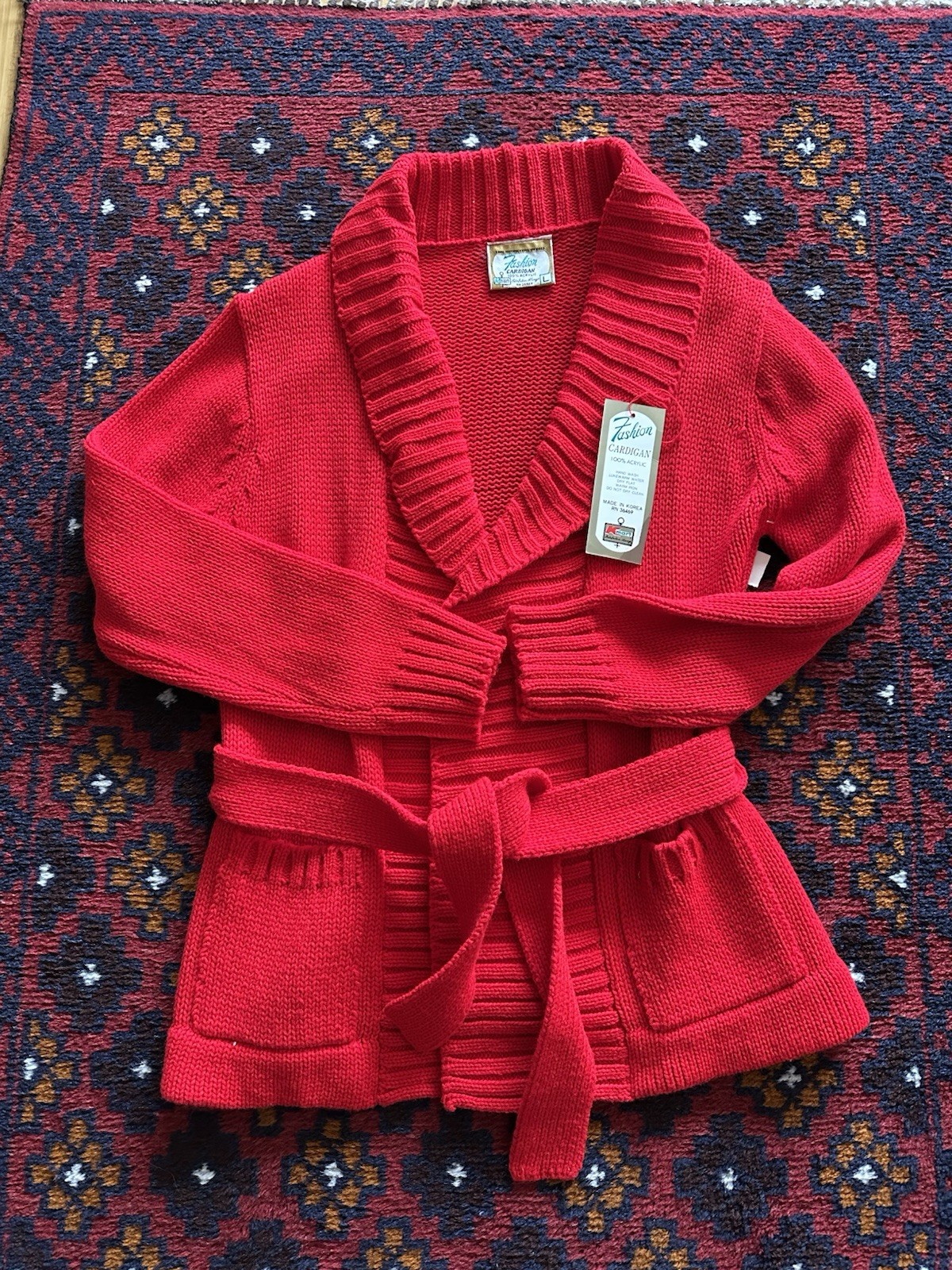 Deadstock Vintage 70s Kmart Red Cardigan Sweater Large With Tie Belt