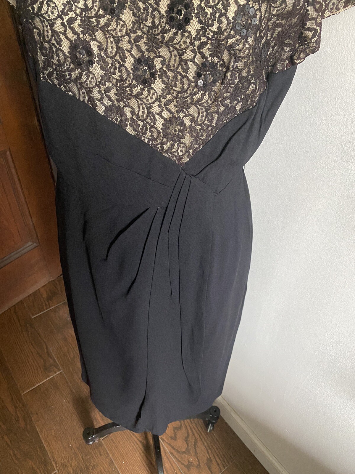 Vintage A Grace Adams Original Dress Lace Union Label Black SS Faux Wrap Med/LG