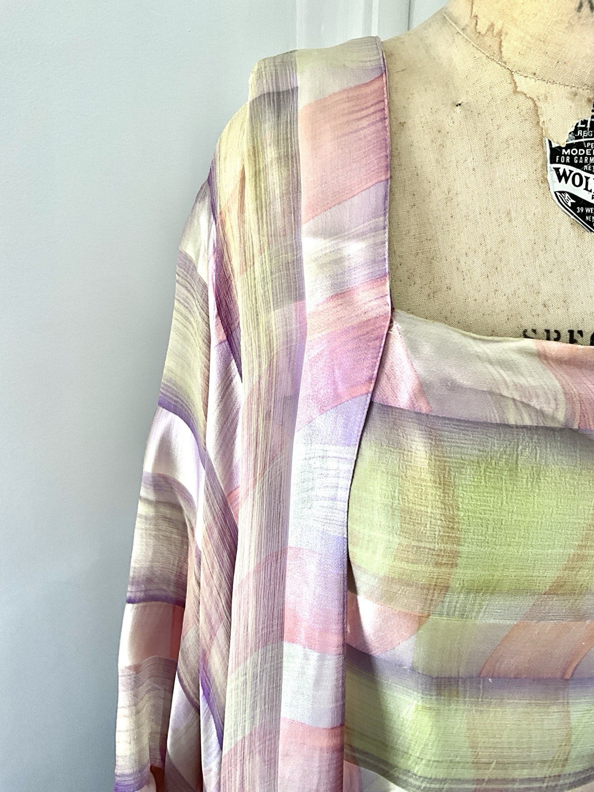 Vintage 1976 Jean Hercey Pink and Celadon Silk Combed Chiffon Dress