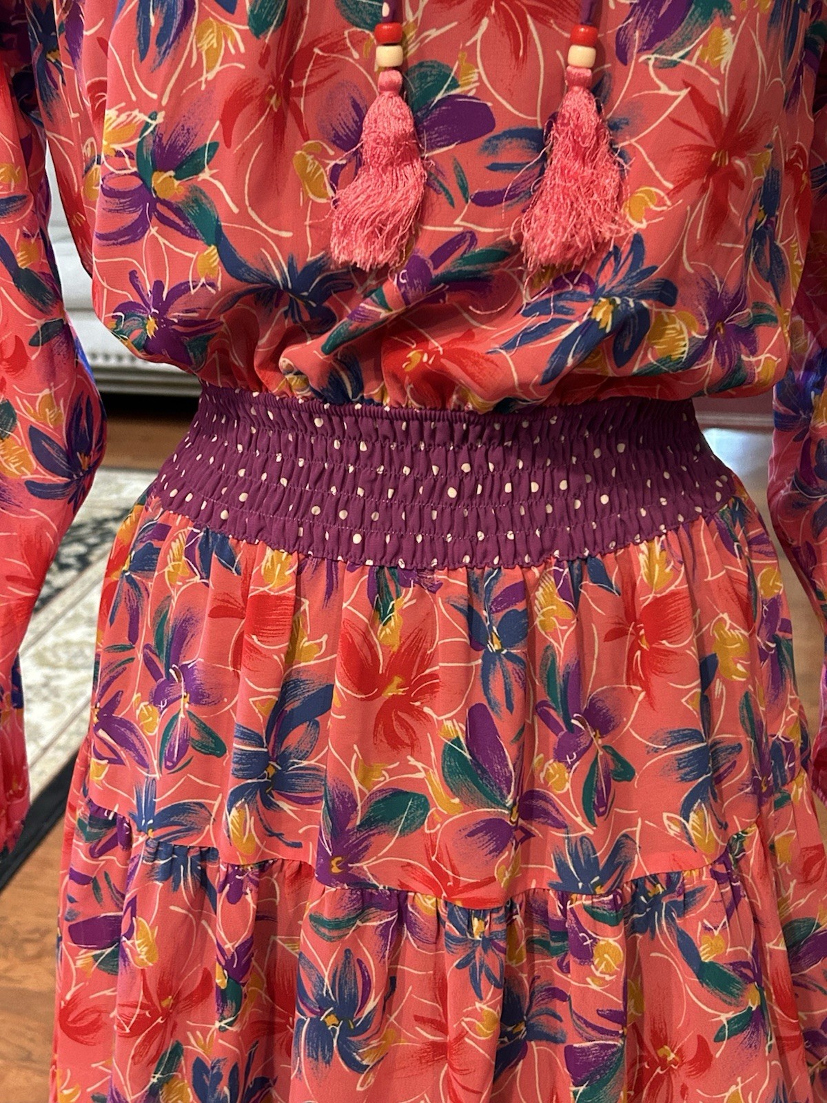Vintage Lachine Hong Kong Pleated Ruffle Pink Purple Long Sleeve Dress P Small