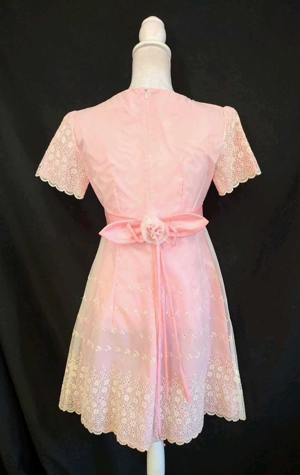60’s Vintage Pink Dress Eyelet Organza Taffeta Coquette Girly Short Sleeve XS/S