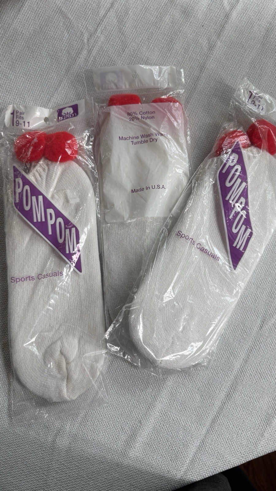 Vtg Lot 4 Socks Pom Pom No Show Ankle Red White Peds 80s Tennis Sports 9 11 L