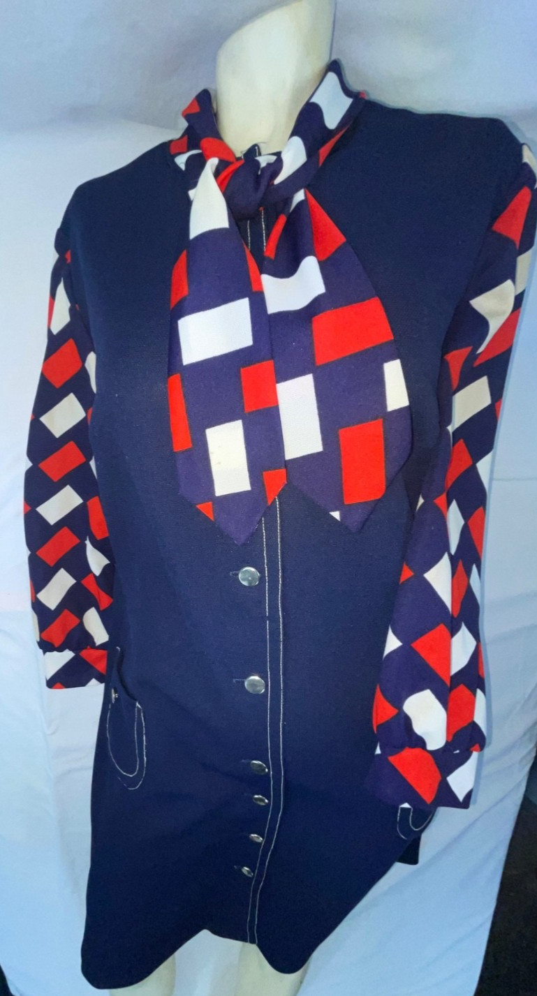 VTG 60S 70S WOMENS M BLUE RED WHITE DISCO MOD RETRO GOGO LONG SLEEVE SCARF DRESS