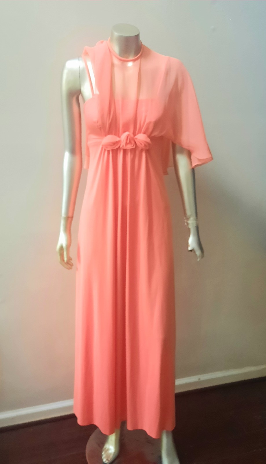 LORRI DEB 70S PEACH MAXI DRESS CHIFFON ATTACHED CAPELET SHAWL VTG PARTY sz S/M