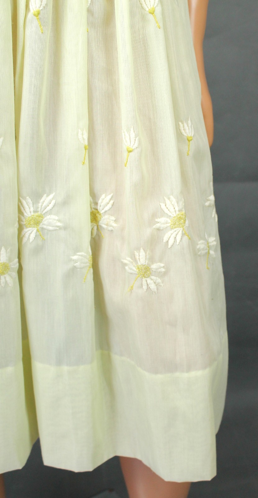 50s Cocktail Dress 16 L Vintage Light Yellow Semi Sheer Embroidered Party Gown