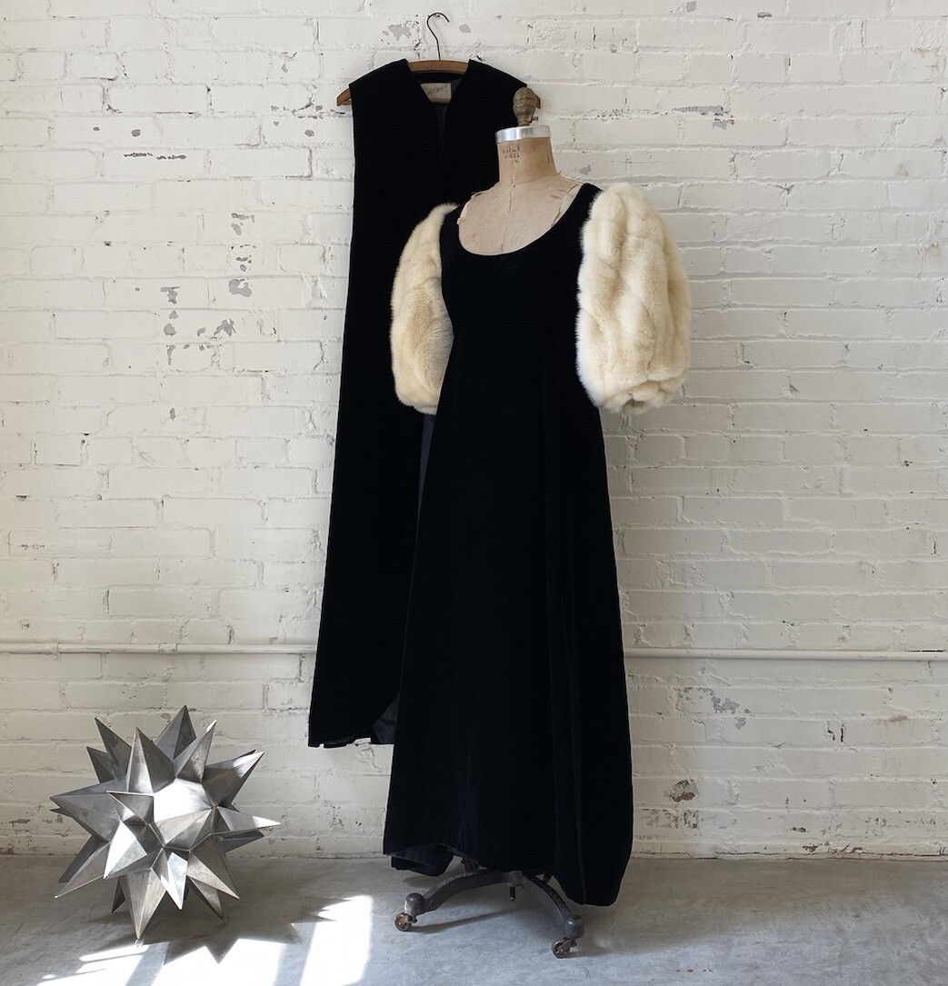 Vintage 1953 Irene Lentz Black Velvet Mink Sleeve Evening Gown Vest 50s Designer