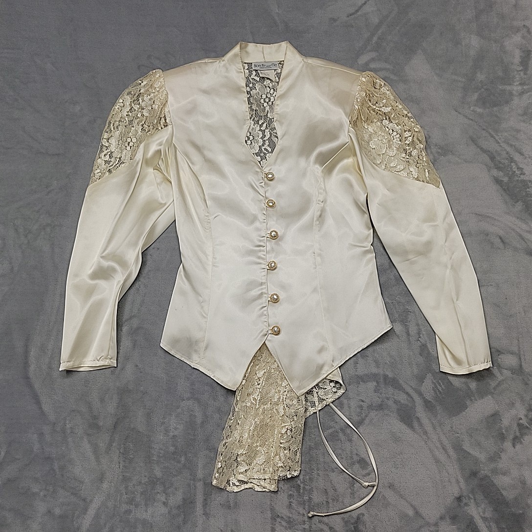 Vintage Blondie And Me Shirt Womens M Ivory Satin Lace Corset Back Made In USA