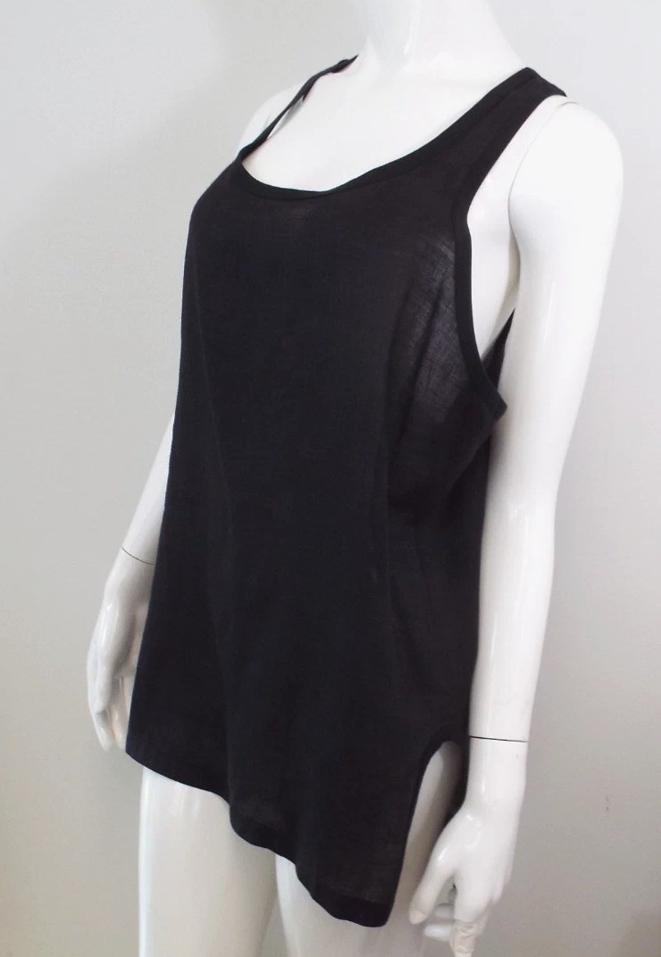Vintage 1990s Yohji Yamamoto Black Linen Tank Shirt Medium Large High Low Tunic
