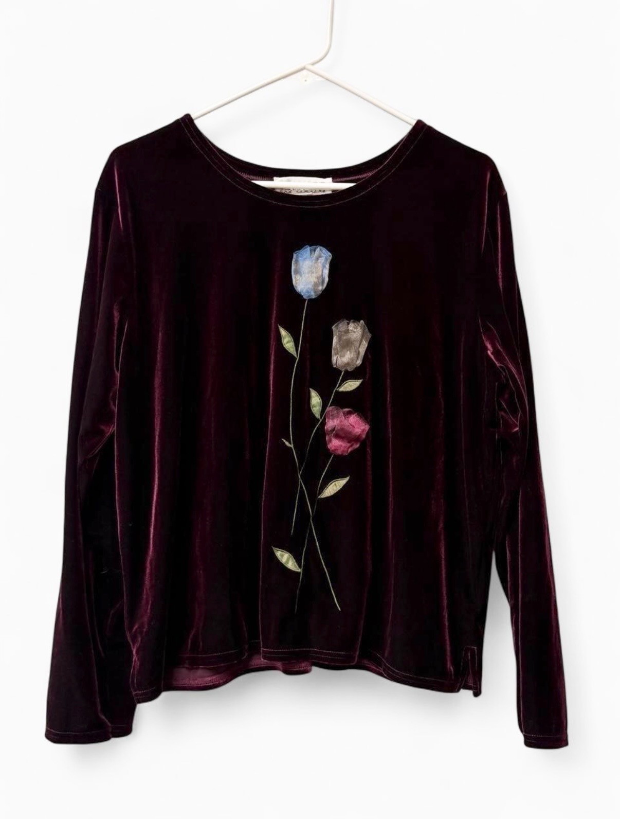 Vintage Richard & Co Burgundy Velvet Top Floral Applique Long Sleeve Women’s