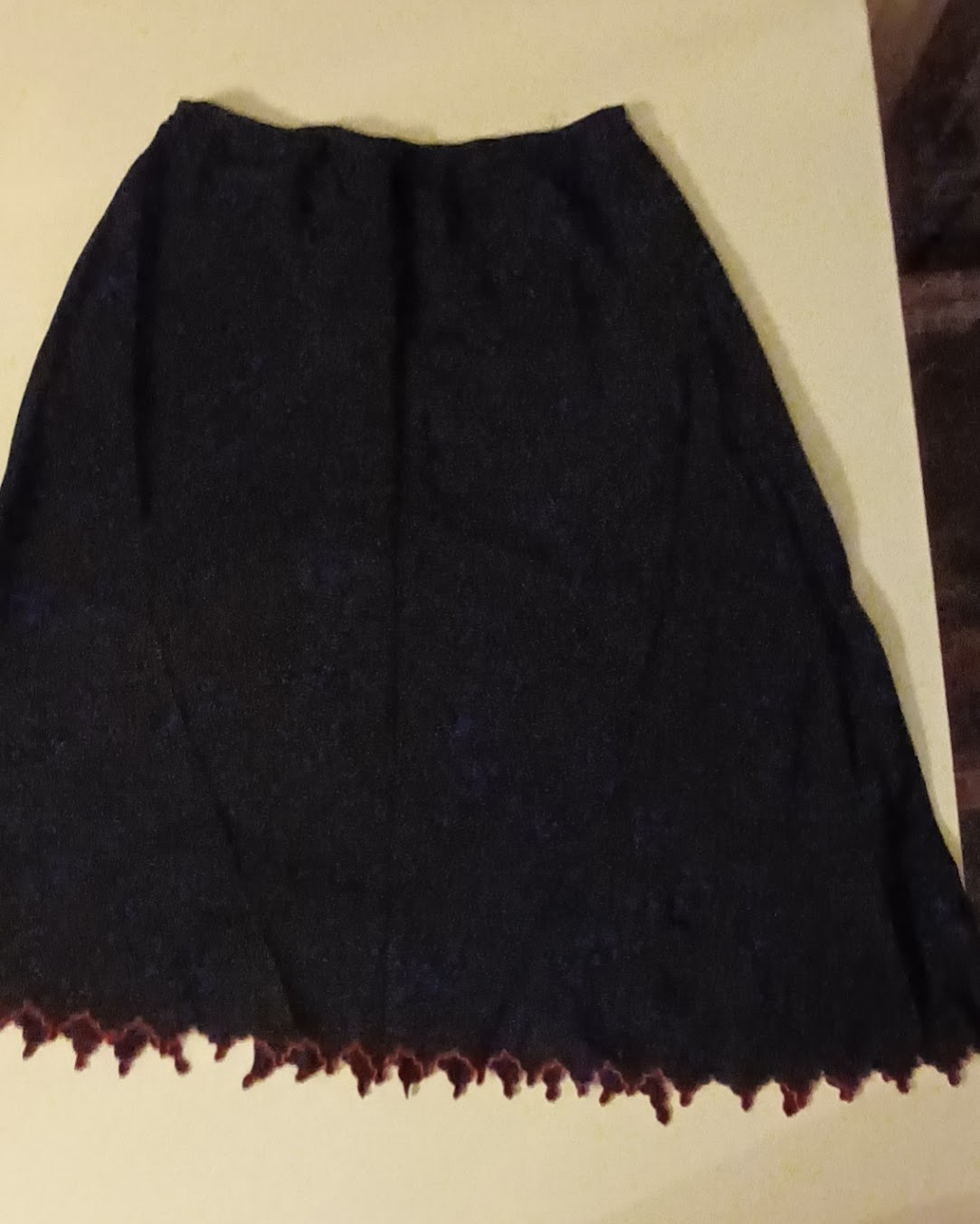 Unique Vintage Black Skirt Slip with Red Embroidered Flowers & „Drip Edge” Hem