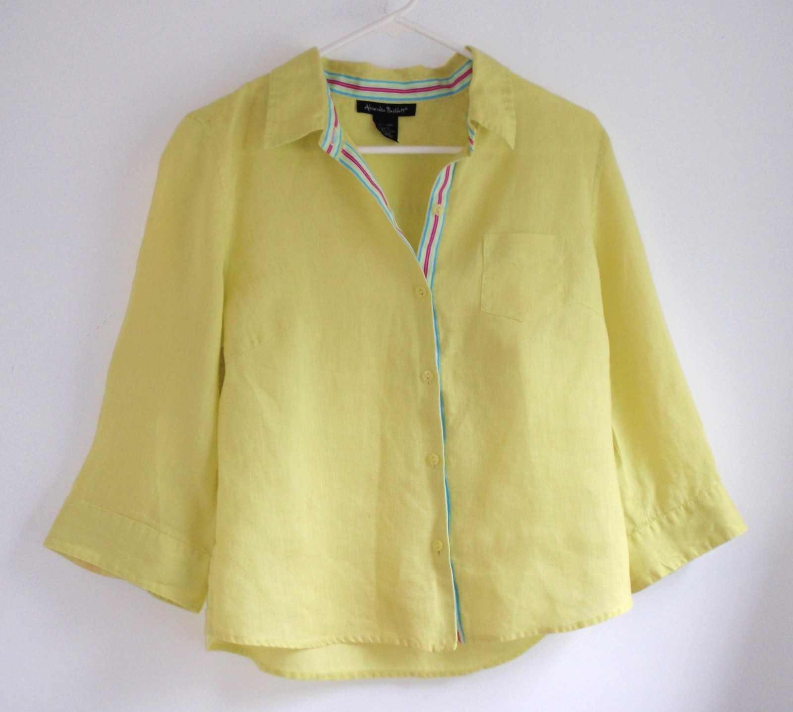 VTG 90s Alexandra Bartlett Top L 100% Linen Vibrant Yellow Striped Ribbon Accent