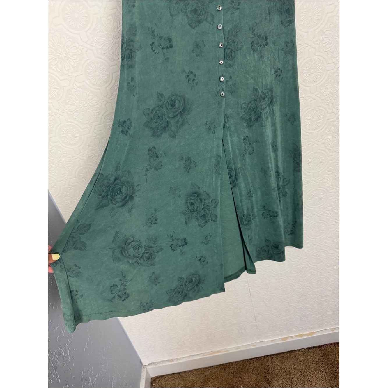 Vintage 80s 90s Jaipur Floral Maxi Skirt Green Button up Cottagecore Boho Medium