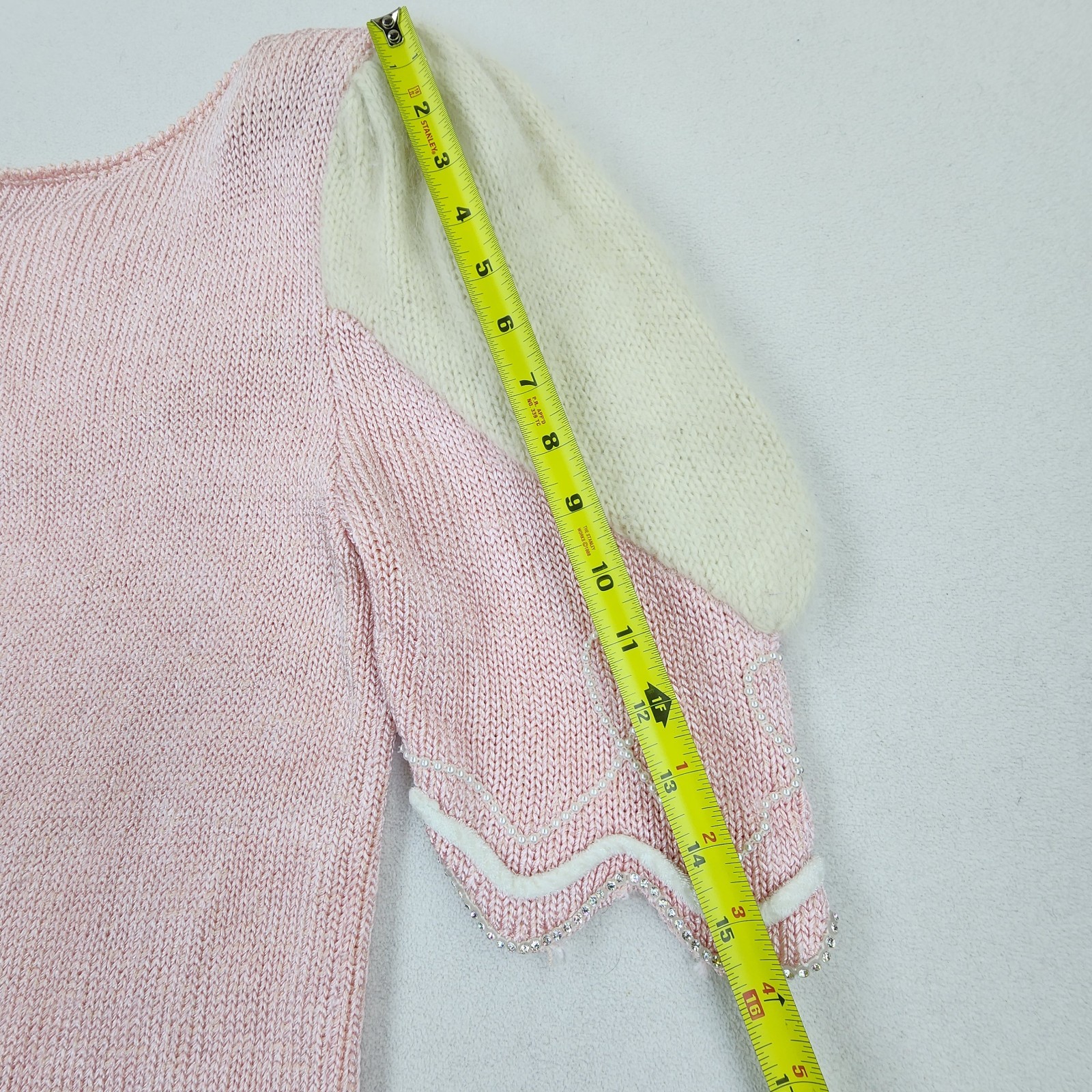 Vtg 80s DACANI Pink Knit Skirt Sweater Set Rhinestones Angora Shoulders Beaded