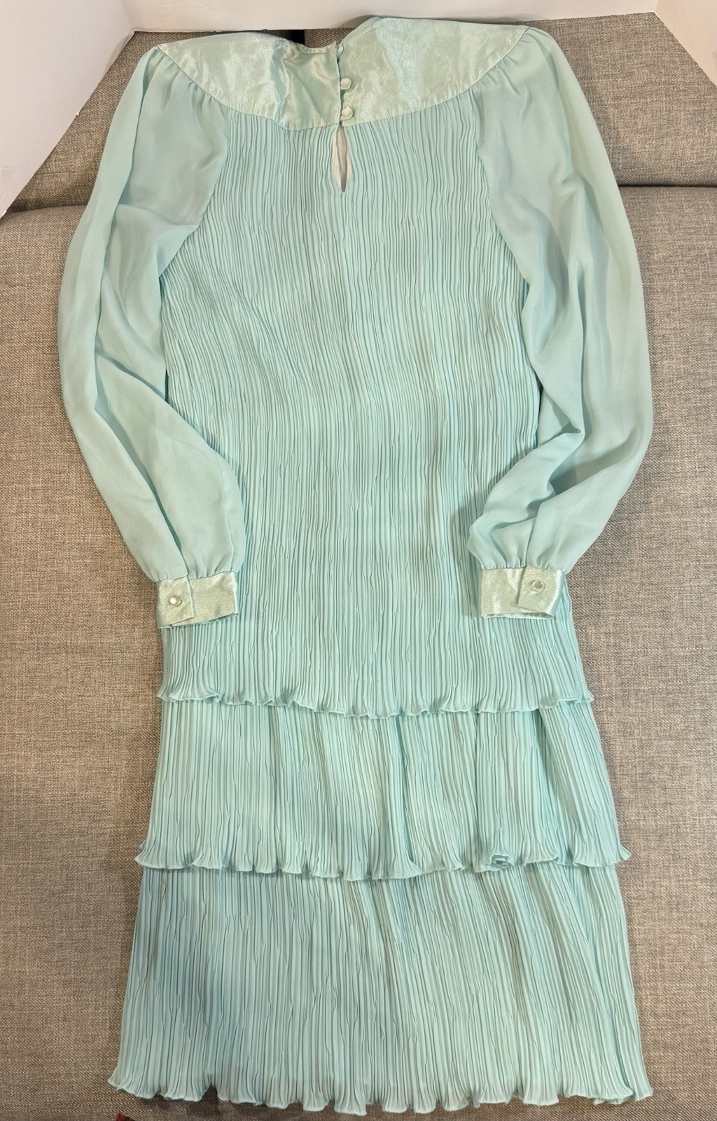 Vintage 70s Seafoam Green Sheer Tiered Prairie Boho Midi Dress Romantic Sz8