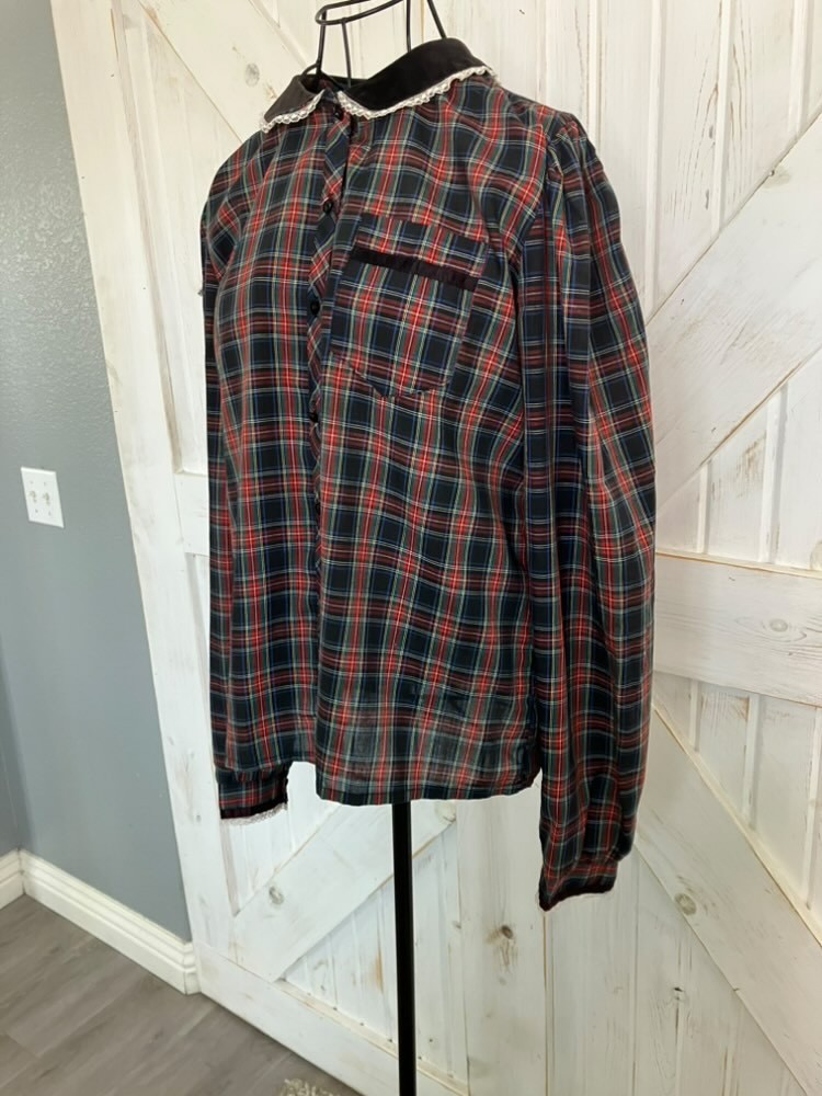 70’s Vintage Red Blue Black Plaid Velvet Collar Blouse Prairie Western Top *FLAW