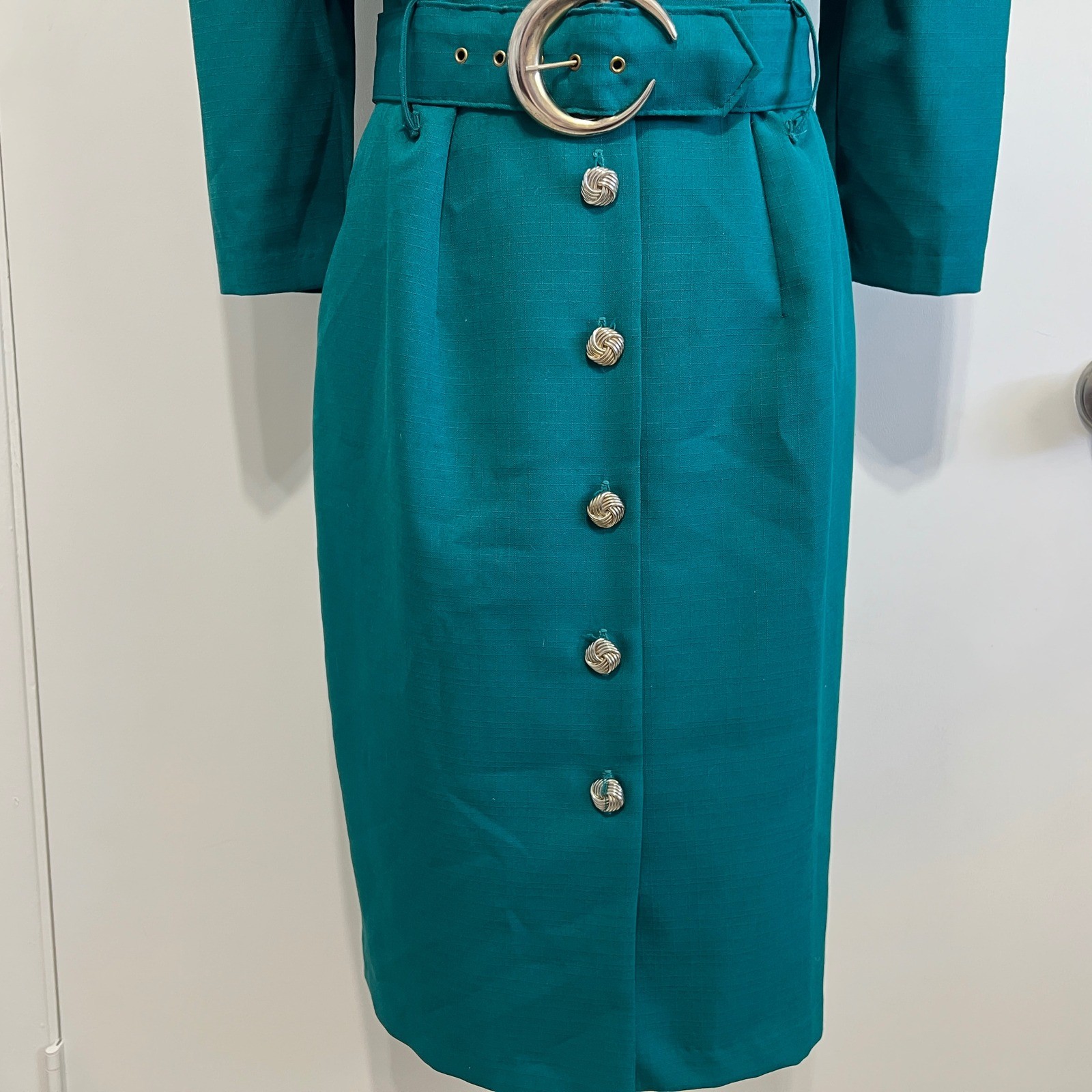 Whirlaway Frocks Vintage 80s Power Dress Size 10P Teal Green Belted Made in USA