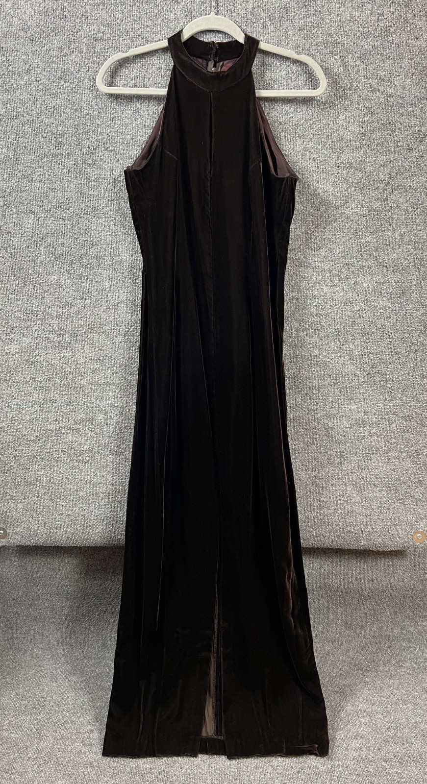 Womens Dress Chocolate Brown Velvet Long Keyhole Front Slit Gown Sz 9/10 VTG 80s