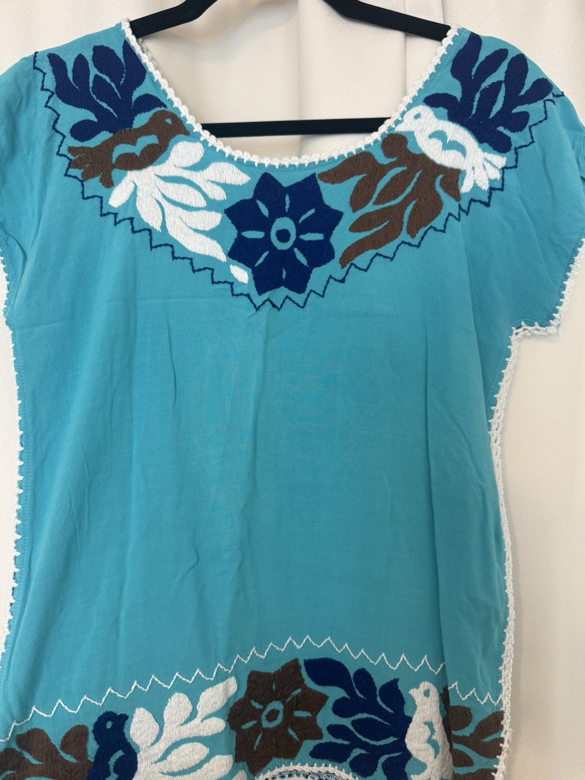 Silvia Suarez Traditional Textiles Embroidered Cap Sleeve Top in Blue Size XS/S
