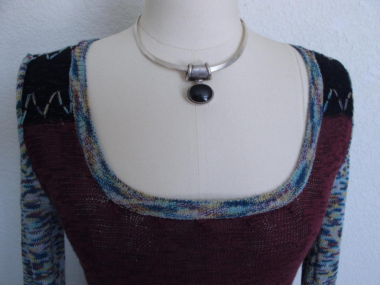 Vintage 90s BKE Mod Tunic Sweater S Mixed Media Embroidery HIppie Burgundy Black