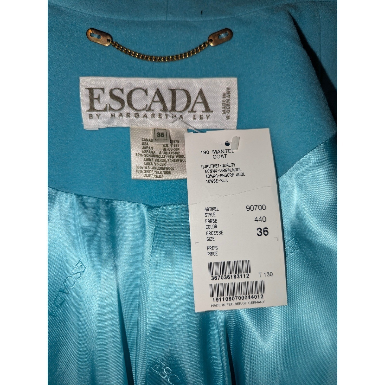 Escada Margaretha Ley Wool Angora Silk Coat Blue Shawl Collar Sz 36 Vintage NWT