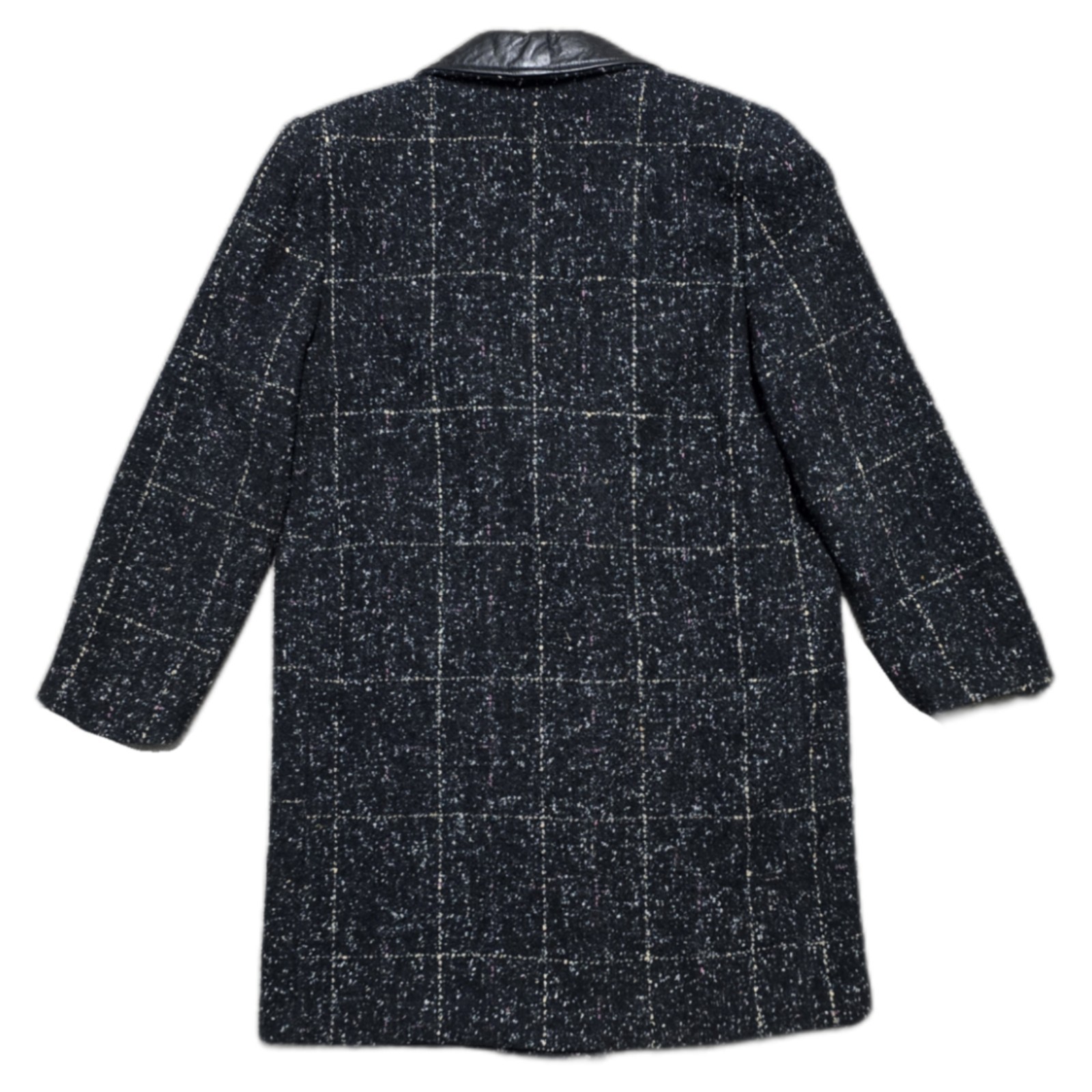 Vintage Coat 80s Long Oversized Black Tweed Blazer Jacket Leather Collar Sz 8