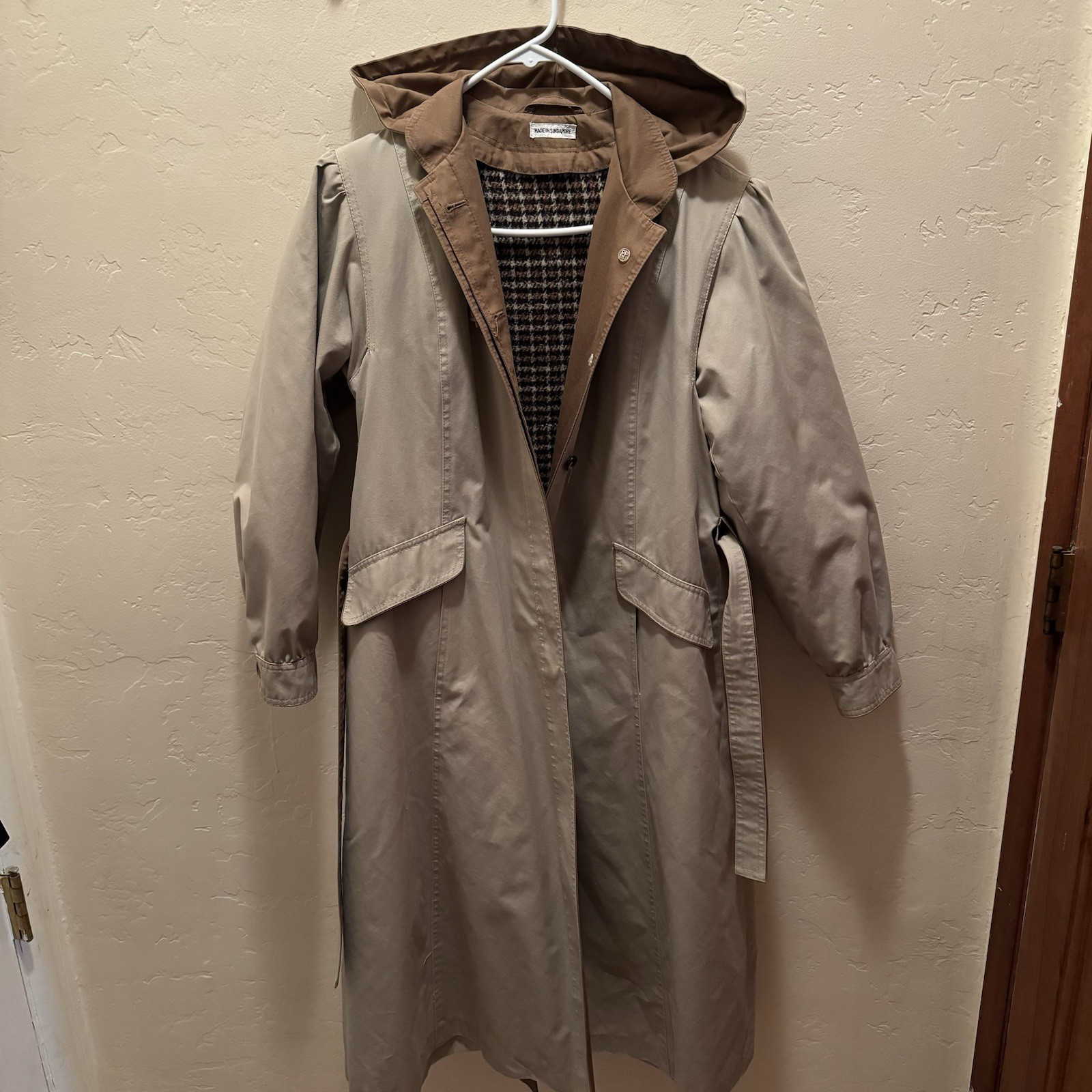 Vtg Trench Coat Maxi Tan Pockets Removable Hood/Lining (Wool Blend) GDT TOO