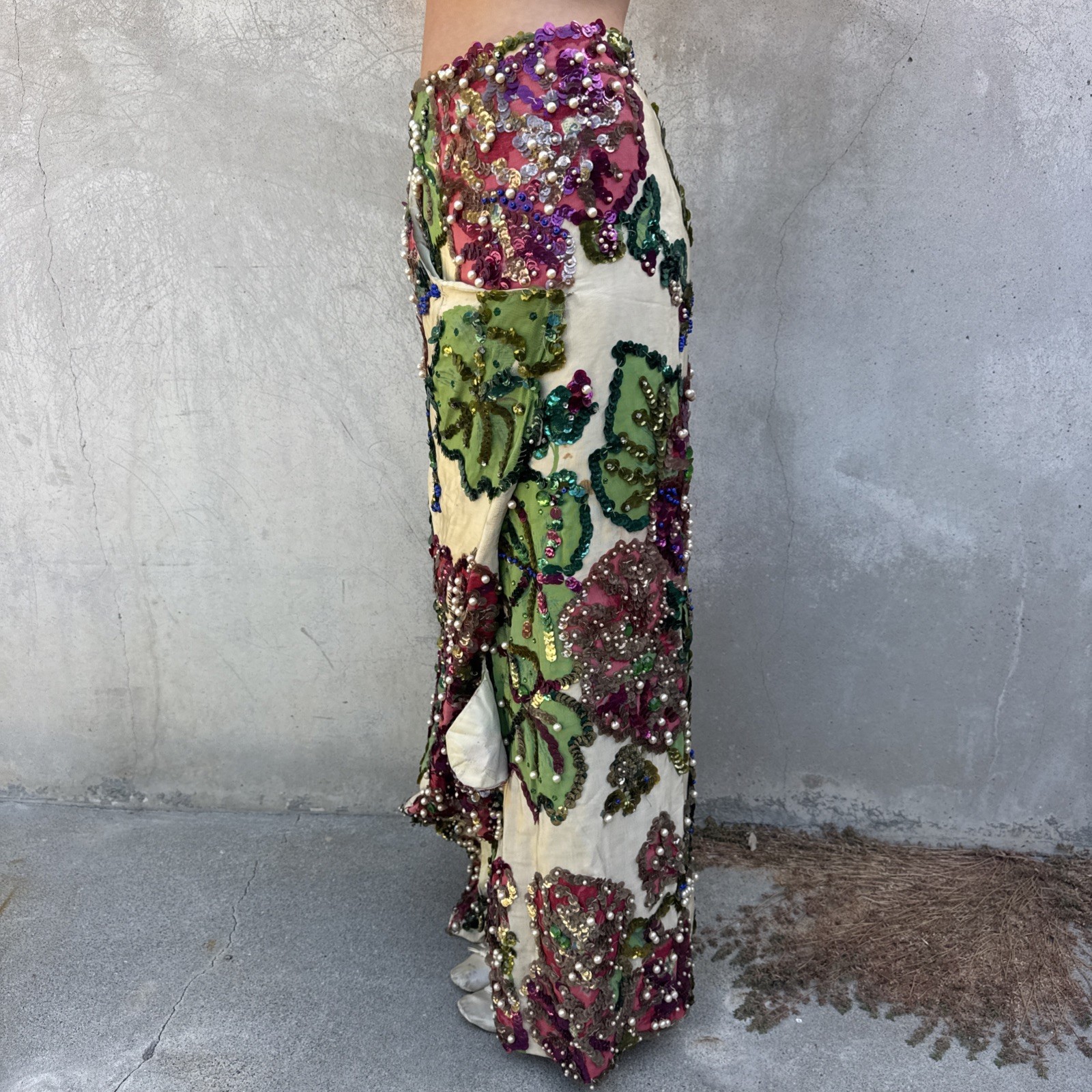 Vintage 1930s Painted Skirt Rhinestones Beading Pearls Flower Showgirl Burlesque