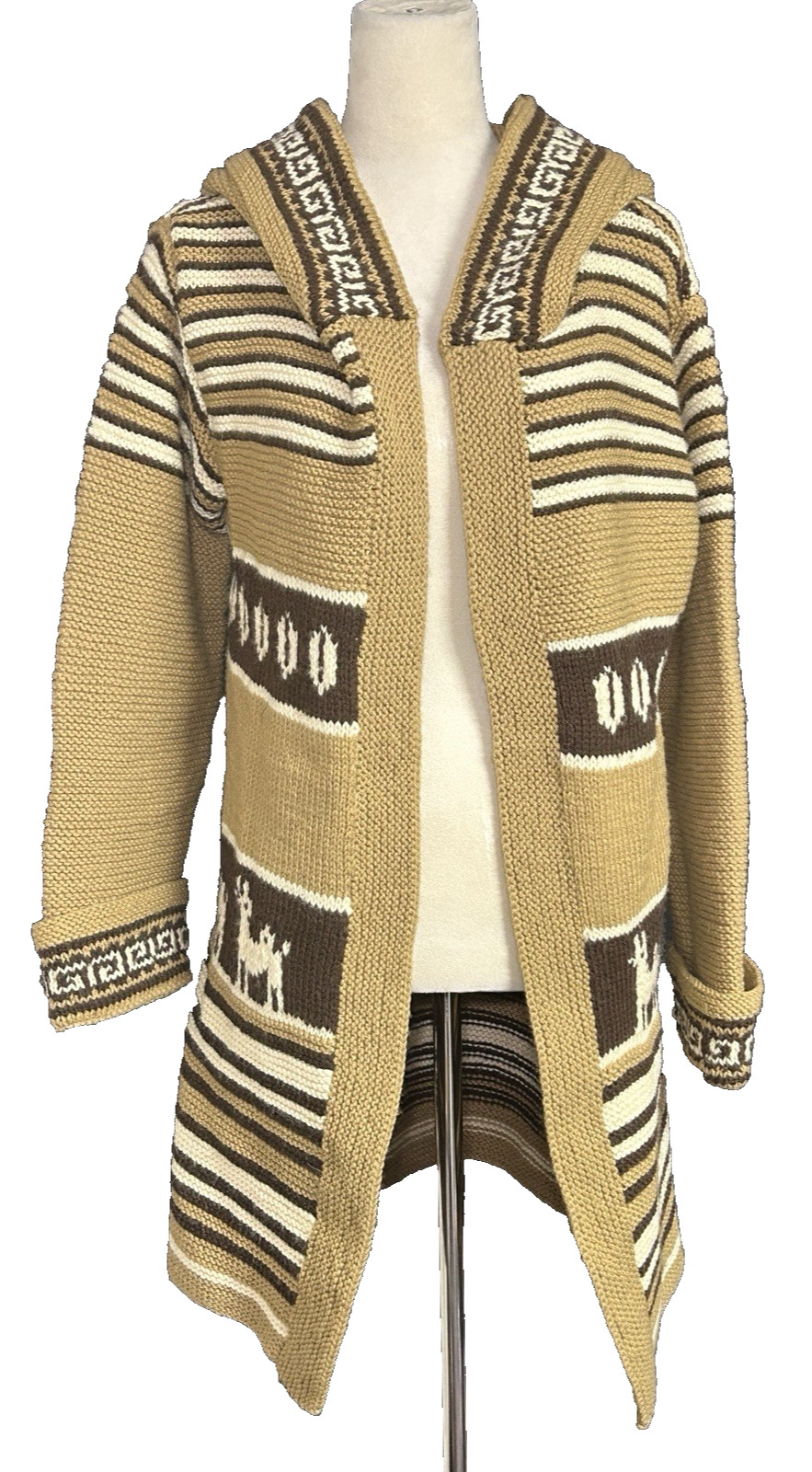 Beautiful Handknit Andean Alpaca Print Neutral Colored Sweater Hood