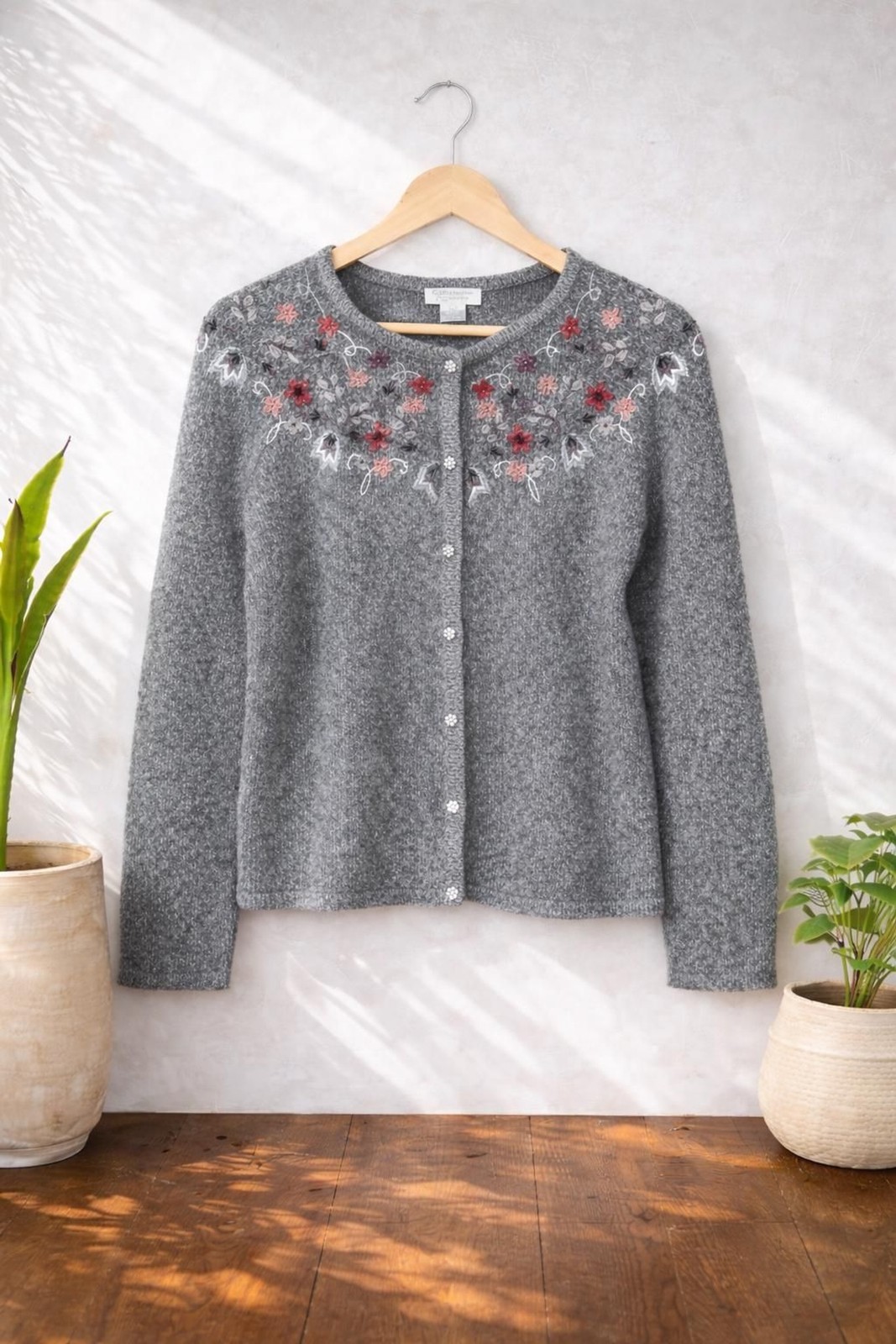 Vintage 2005 Christopher & Banks Floral Embroidered Cardigan | Angora Wool Blend