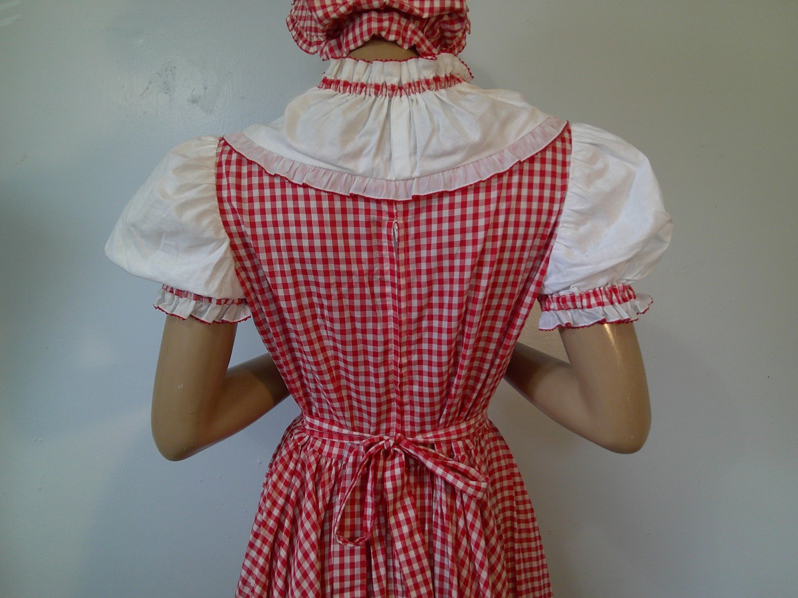 Vtg 70s Red/White Gingham Prairie Cottagecore 160″ Full Sweep Maxi Dress & Hat M