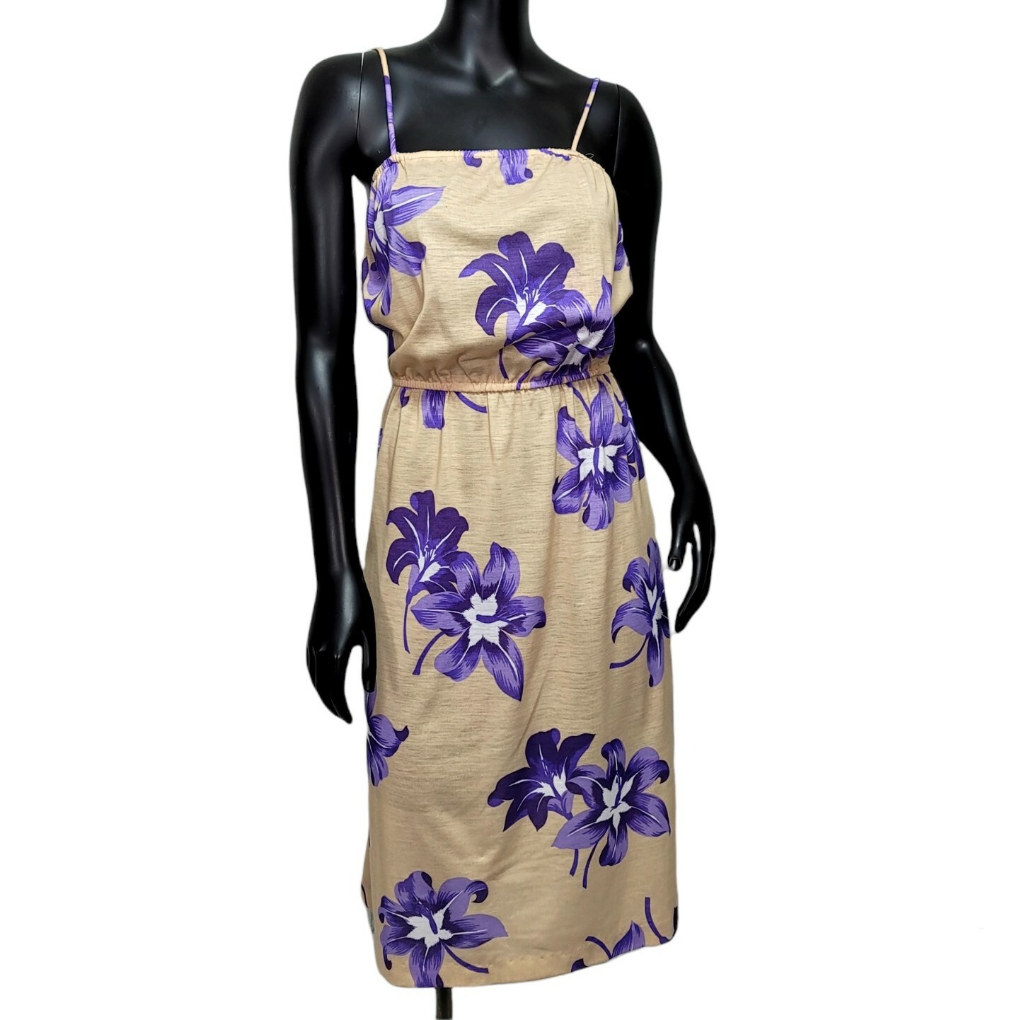 Vintage 70s 80s Sally Lou M/L Beige Purple Tropical Floral Sheath Day Dress