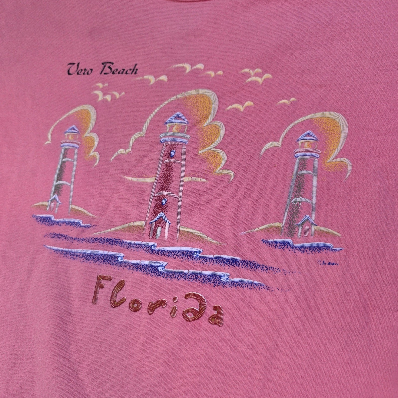 Vintage Anvil Vero Beach Florida Lighthouse Long Sleeve Pink T-Shirt USA Made M