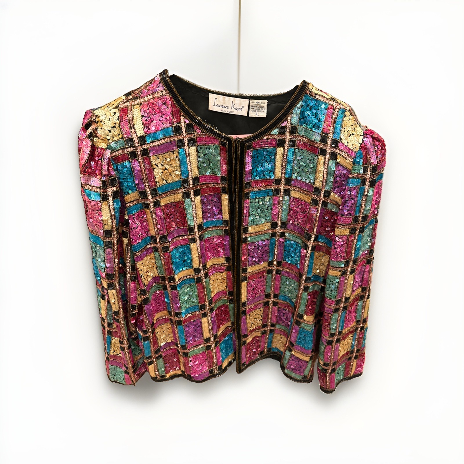 Laurence Kazar Beaded Sequin Jacket Women Xl Multi Color Silk Plaid Vintage