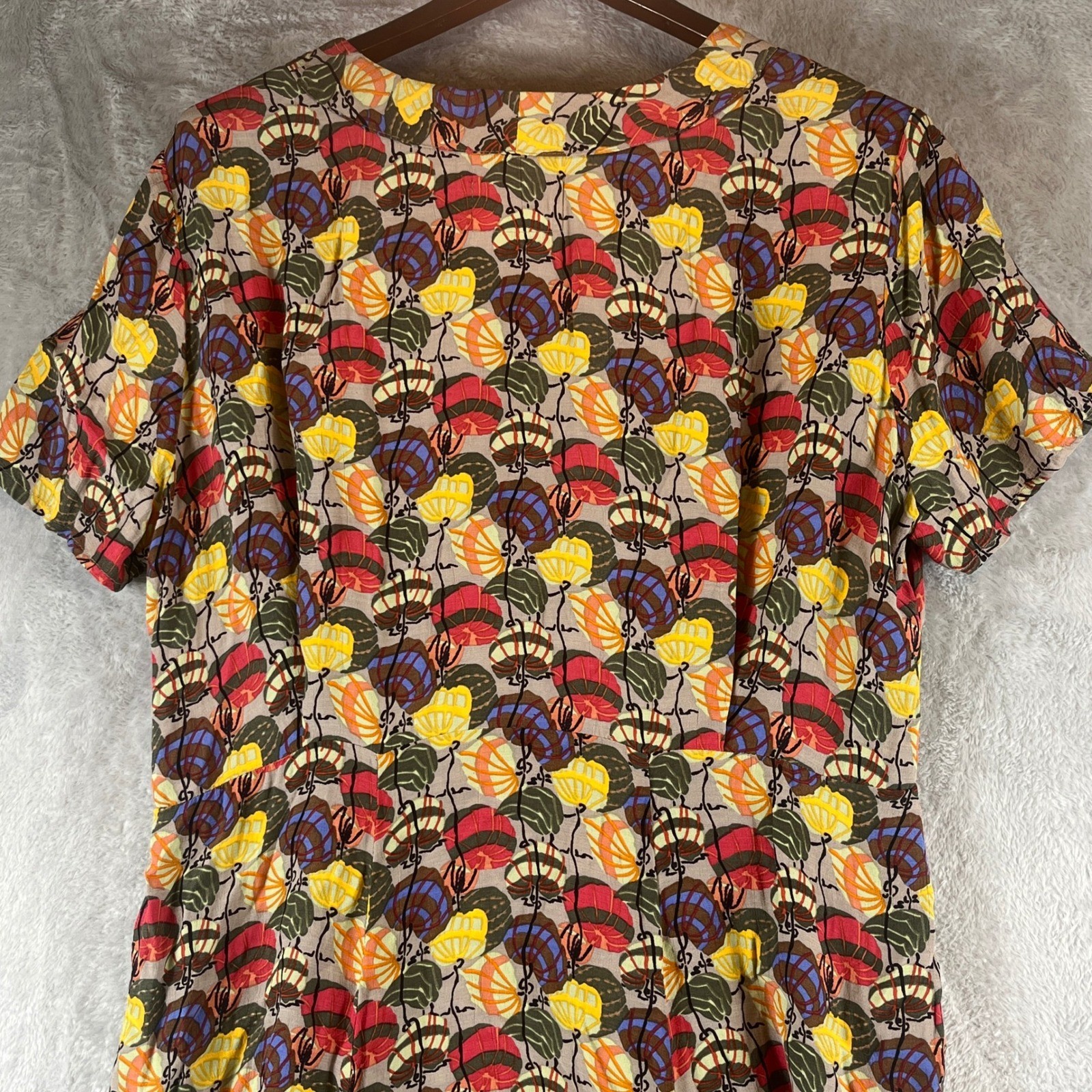 VTG FLAX Jeanne Engelhart Dress M Rayon Abstract Print Midi Pockets Lithuania