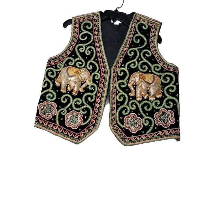 Vintage Carol Horn Workshop 3D Elephant Vest Embroidered Beaded Sequin Boho M/L