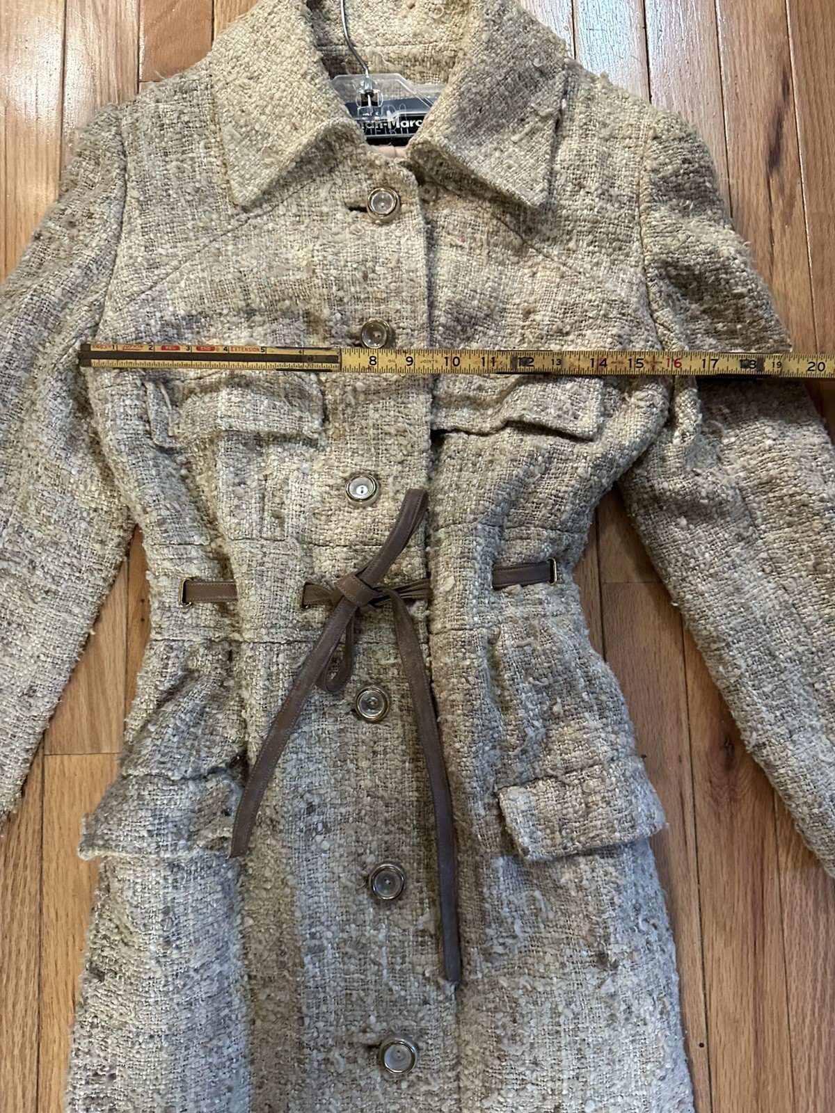 VINTAGE NEIMAN-MARCUS PIETRO Womens Suit Cream Brown Silk Wool Leather With Belt