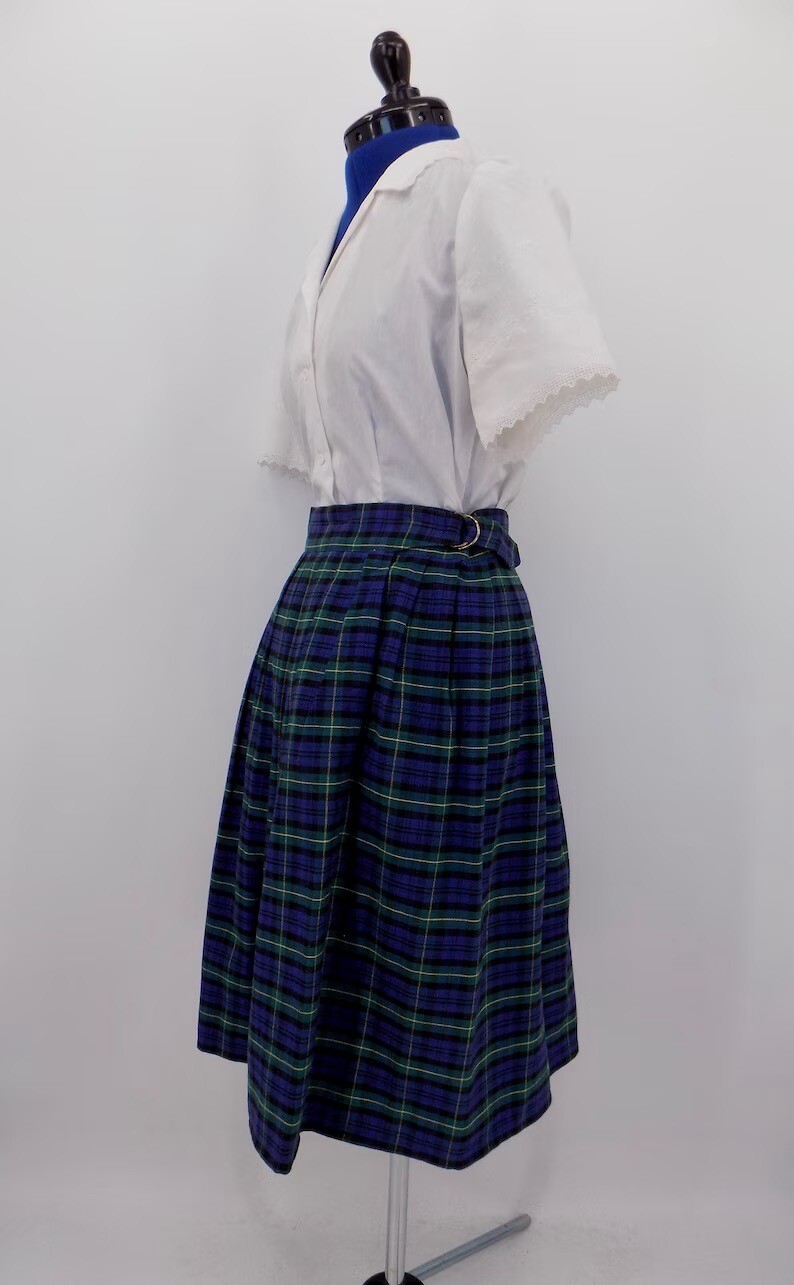 Vintage 90s does 50s David Brooks Green, Blue, and Yellow Plaid A-Line Skirt W26