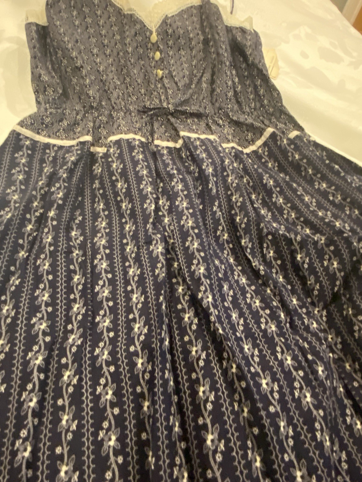 JCPenney navy cotton sun dress spaghetti straps floral lace prairie NWT Large