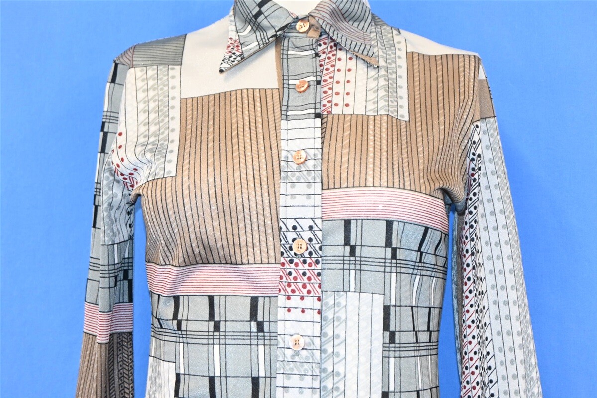 vtg 70s EGO CHICAGO GEOMETRIC NYLON BUTTON DOWN DISCO SHIRT WOMEN’S MEDIUM M