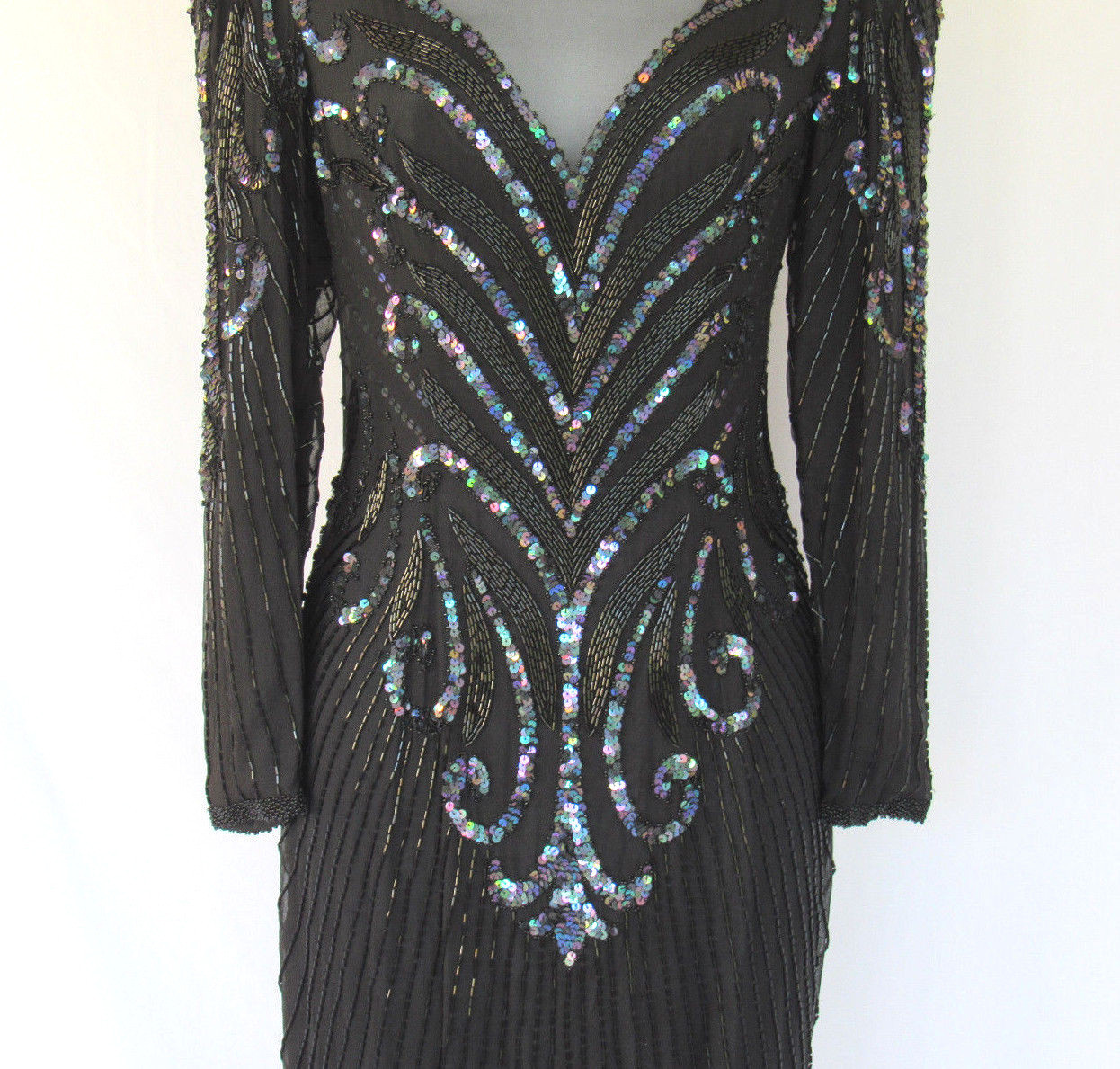 VTG A.J. BARI BLACK SILK SEQUIN BEADED DRESS SIZE 8 RAYON INNER LINING