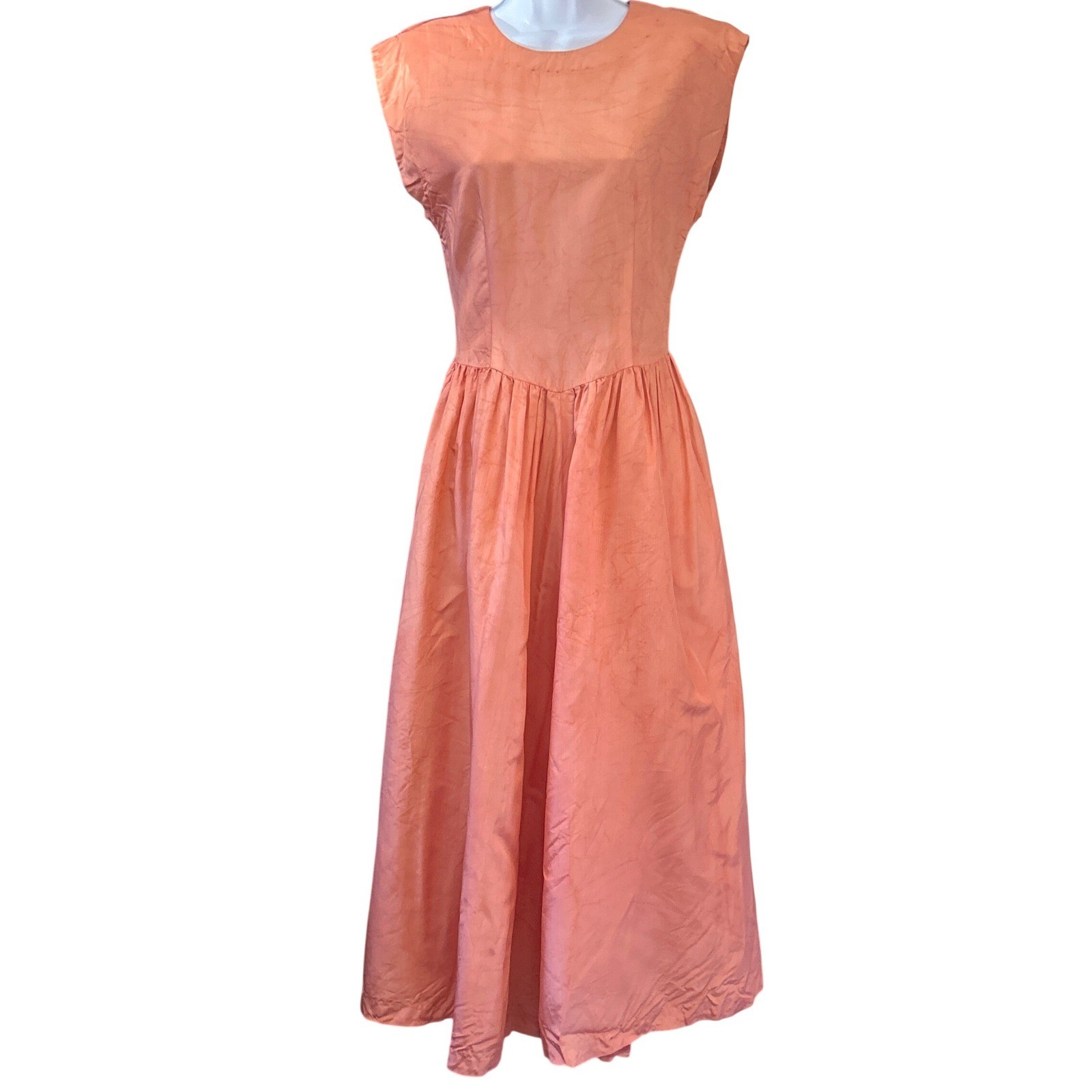 1980s Hand Dyed Fit Flare Dress Rockabilly Pinup Garden Party Coral Mottled