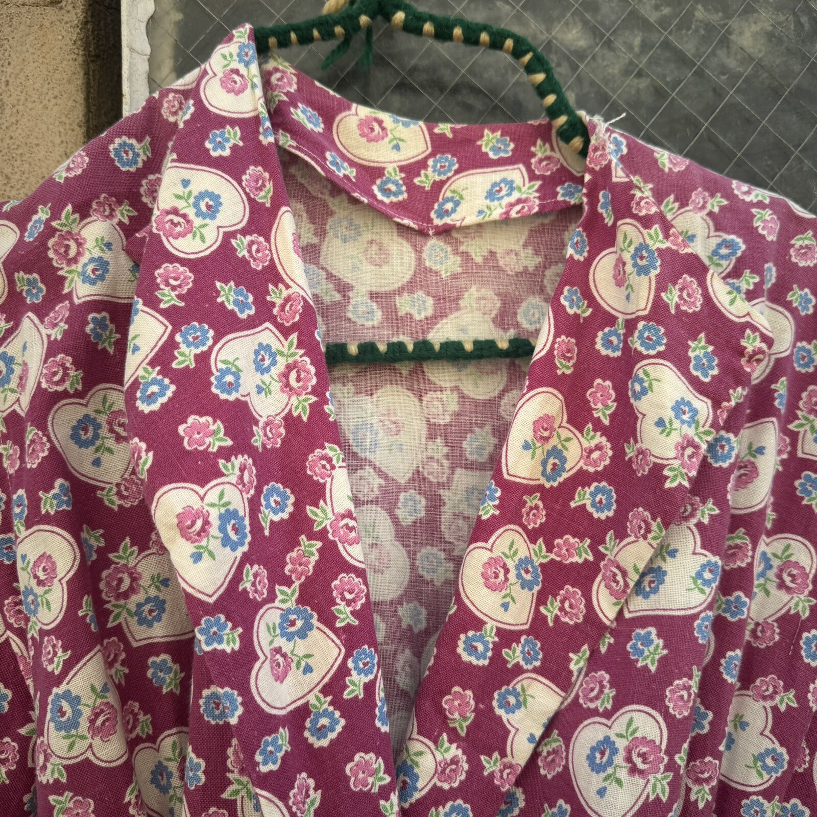 Vintage 1940s Purple, White & Blue Dressing Gown, Robe, Wrap Dress, Heart Print