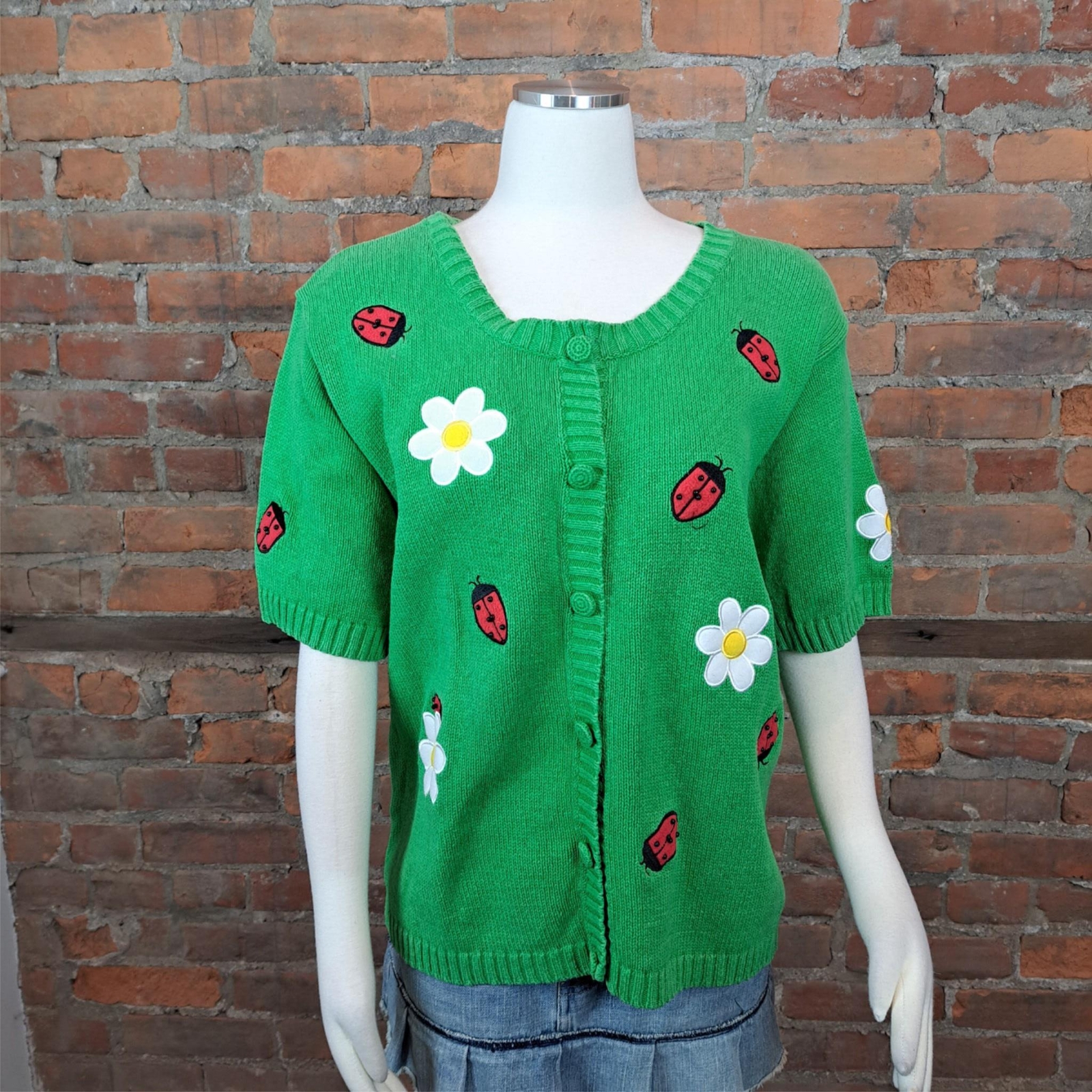 Vintage Sweater Cardigan Green Short Sleeves Lady Bug Daisy Size XL