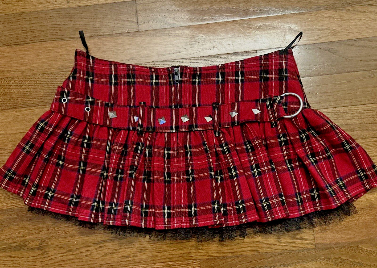 Vintage Y2K HELL BUNNY Goth Punk Buckle Tartan Plaid Tulle Mini Skirt Kilt M