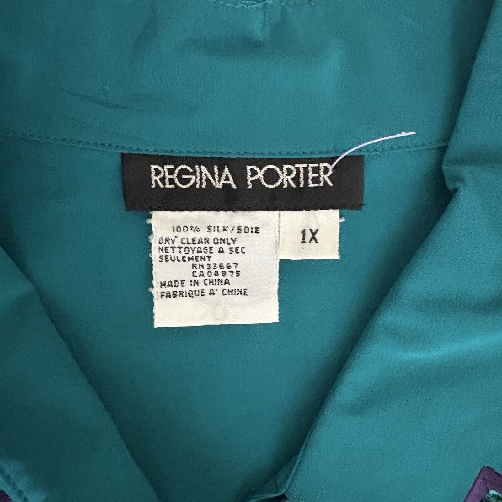 Regina Porter Womens Blouse Vintage 100% Silk Teal Abstract Embroidered Size 1X