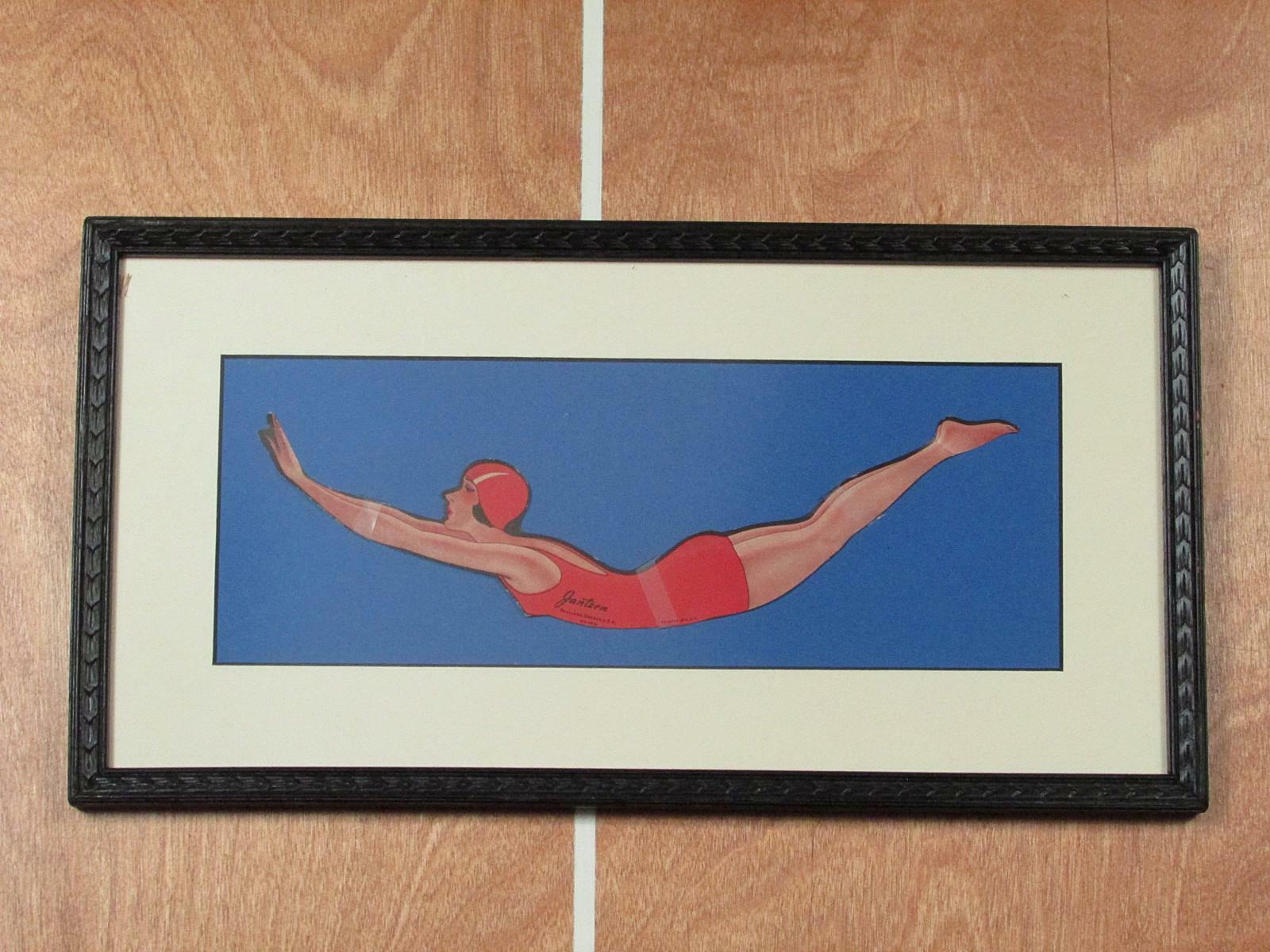 Vintage Jantzen Antique Wool Swimsuit w/Orig.Decal Framed Rehoboth Beach Pennant