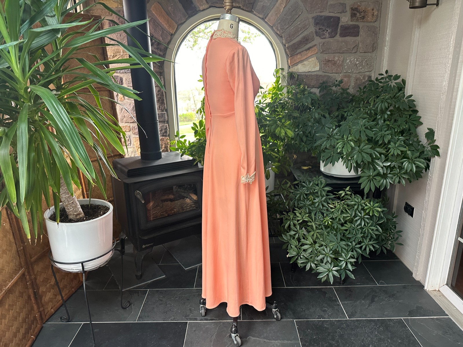 Vintage 1970s Apricot Knit and Ivory Lace Maxi Dress