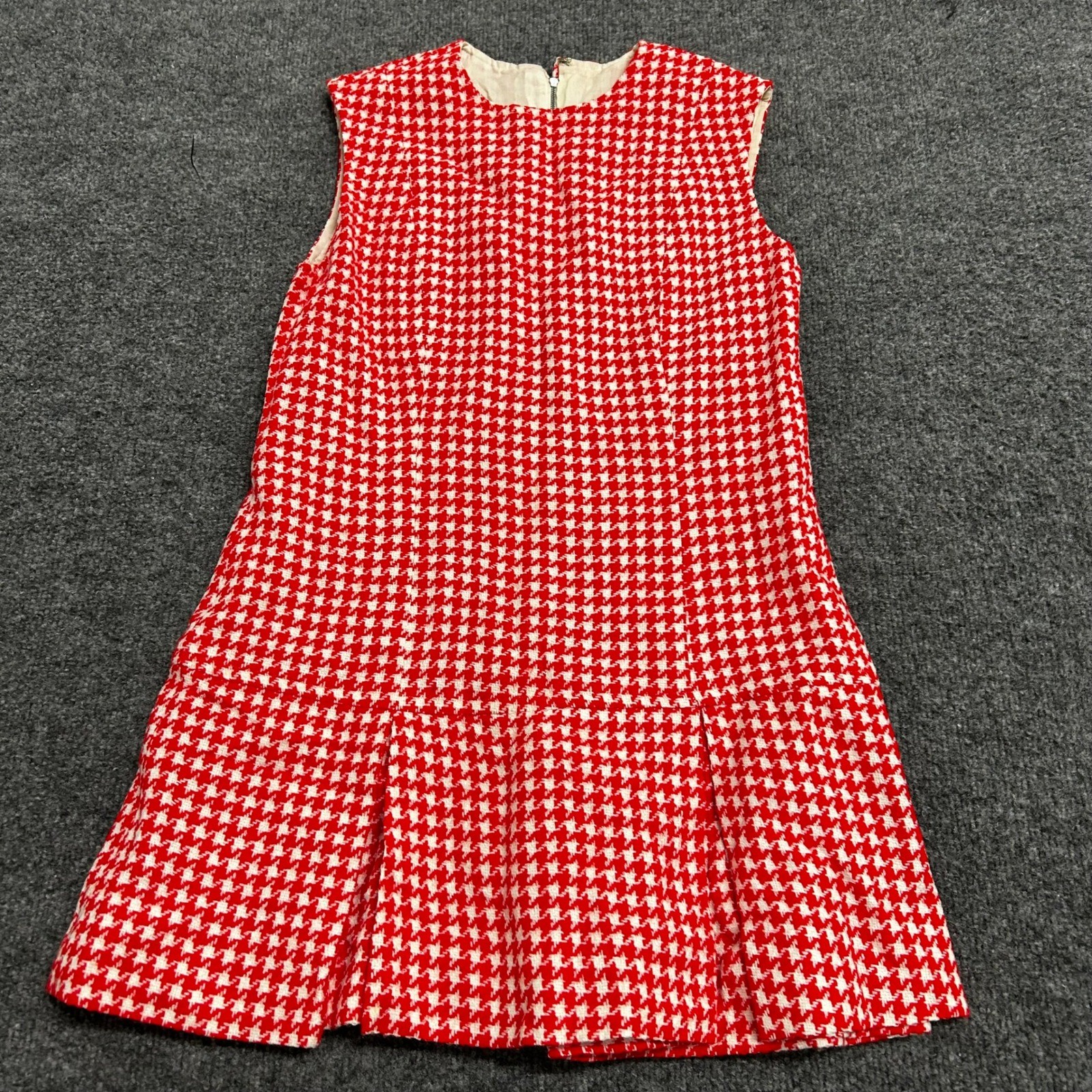 Vintage Dress Womens Size XS Red White Houndstooth Wool Blend Mod Drop Waist 60s